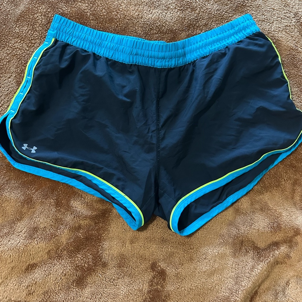 Under Armour Black and Blue Athletic Shorts with Curved Hem